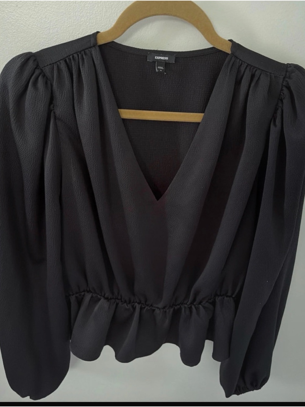 Express Black V-Neck Peplum Top with Puff Sleeves